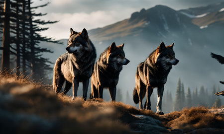 Three wolves in the mountains. 3d rendering. Computer digital drawing.の素材