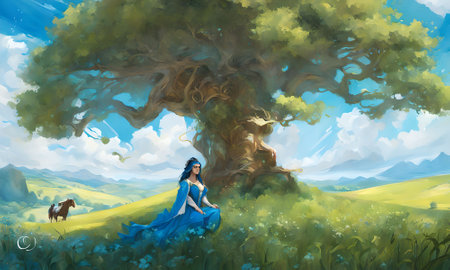 Beautiful girl in a blue dress on a meadow with a big treeの素材