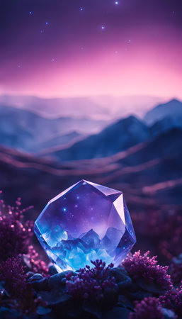 Magic crystal in the mountains at night. Fantasy concept. 3D Renderingの素材