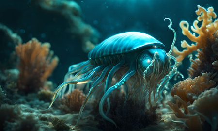 Jellyfish in the sea. Underwater scene. 3d renderの素材