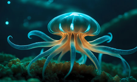 Jellyfish on a coral reef. 3D Rendering.の素材