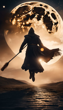 Halloween witch with broom and full moon. 3d rendering.の素材
