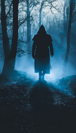 Mysterious silhouette of a woman in a dark forest at nightの素材