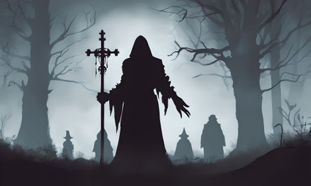 Halloween background with silhouette of witch and graveyard. Vector illustration.の素材