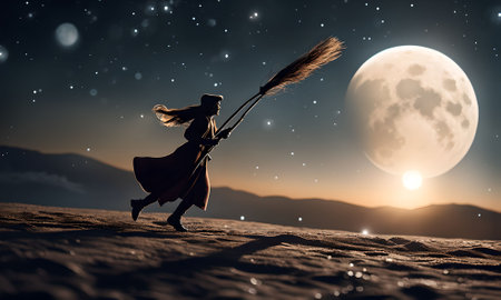 Witch with broom in the desert at night. 3d renderingの素材