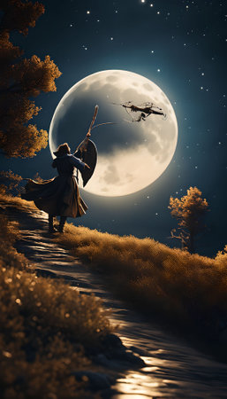 Witch with a broom in the moonlight. 3d renderingの素材