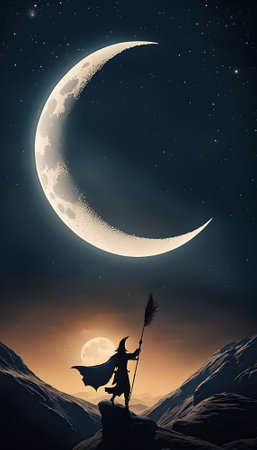 Witch with broom and crescent moon in the night sky.の素材