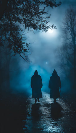 Silhouette of two women walking in a dark foggy forest at nightの素材