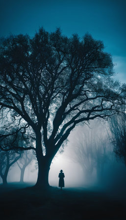 Mysterious silhouette of a young woman standing under a big tree in a foggy forestの素材