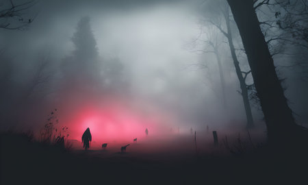 Mysterious dark forest with fog. 3d render. Halloween conceptの素材