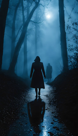 Silhouette of a woman walking in the dark forest at nightの素材