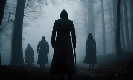Mysterious silhouette of a man with a cane in the dark forestの素材