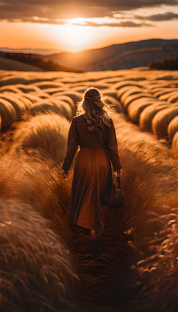 Young woman in long brown dress walking on wheat field at sunset.の素材