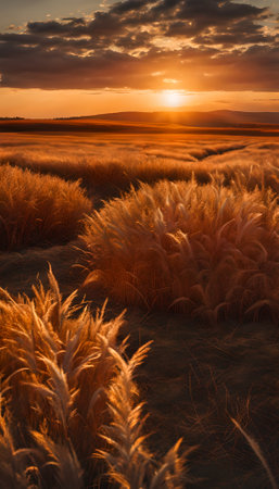 Beautiful sunset in the field of wheat. Sunset in the fieldの素材