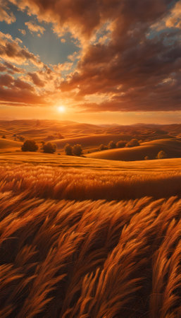 Beautiful sunset over wheat field in Tuscany, Italy.の素材