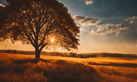 Lonely tree in the meadow at sunset. Beautiful landscapeの素材