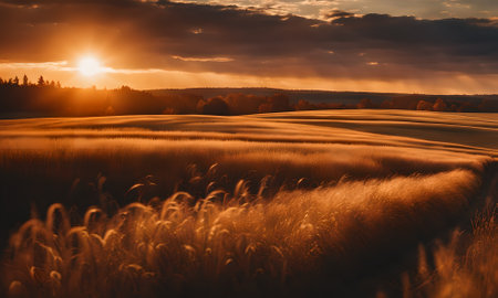 Sunset over a field with ears of wheat in the foreground.の素材