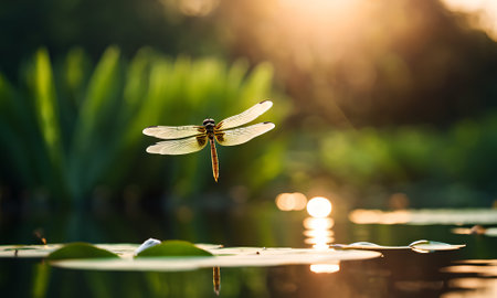 Dragonfly on the water surface in the morning sunlight. Beautiful nature background.の素材