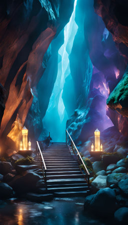 Mysterious illuminated cave with stairs leading to the entrance. 3D renderingの素材