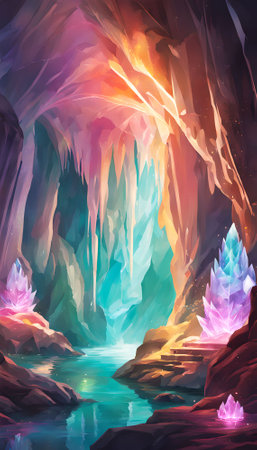 Illustration of a beautiful fantasy cave with crystal clear water. Digital painting.の素材