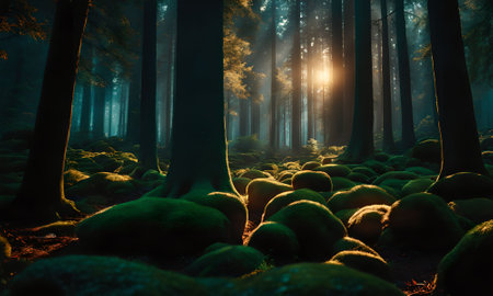 Mysterious forest with mossy boulders in the rays of the rising sunの素材