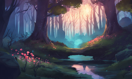 Fantasy landscape with river and forest. Digital art painting illustration.の素材