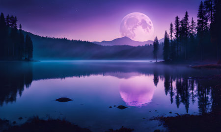 Mountain lake at night in full moon light. Beautiful natural landscape.の素材