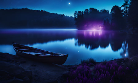 Foggy morning on the lake with wooden boat and moonlightの素材