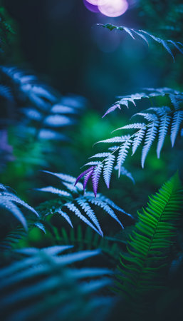 Close up of fern leaves in the forest at night time.の素材