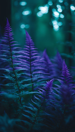 Purple ferns in the rainforest. Nature background.の素材