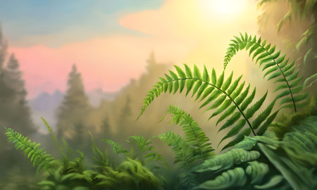 Fern leaves in the forest at sunset. 3d illustration.の素材