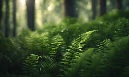 Fern leaves in the forest. Nature background. Soft focus.の素材