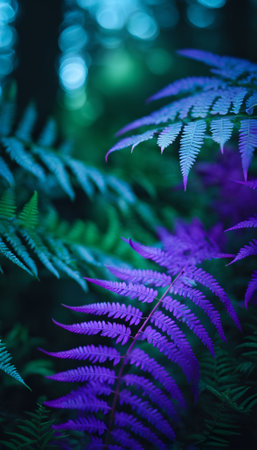 Purple fern leaves in the forest. Beautiful nature background.の素材