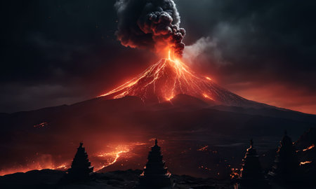 Volcanic eruption with volcano in the background. 3d renderingの素材