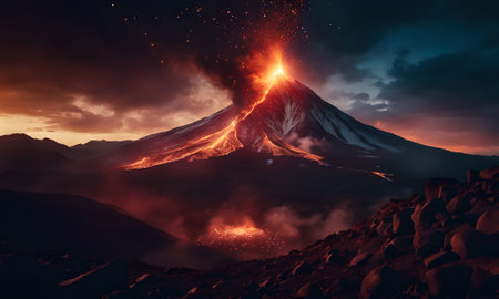 Volcanic eruption in Kamchatka, Russia. 3D renderingの素材
