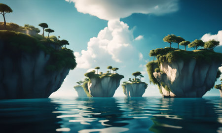 Green island with trees floating in the sea. 3d render illustrationの素材