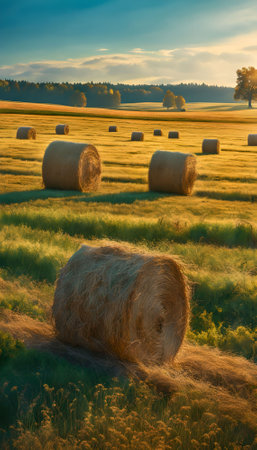 Agricultural landscape with hay bales in the field at sunsetの素材