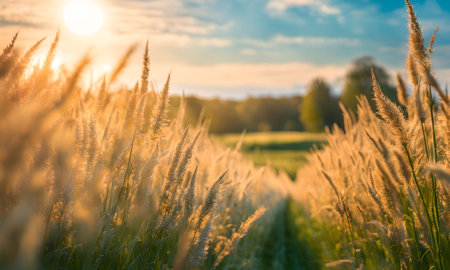 Sunset in the meadow with wild grasses. Beautiful nature background.の素材