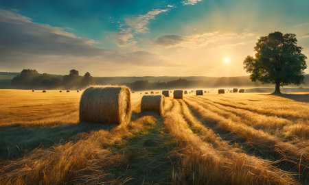 Rural landscape with hay bales on the field at sunrise.の素材