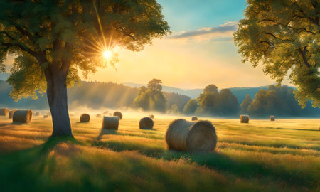 Rural landscape at sunrise with hay bales in the foreground.の素材