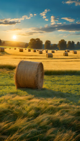 Sunset in the field with bales of hay in Poland.の素材