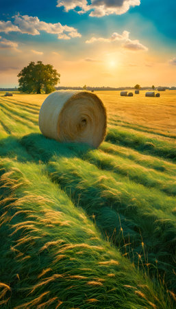 Straw bales on the field at sunset. Beautiful summer landscape.の素材