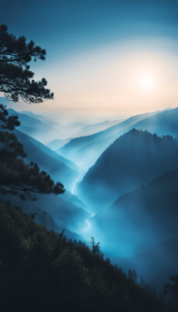 Sunrise in the mountains. Beautiful landscape with fog in the mountains.の素材