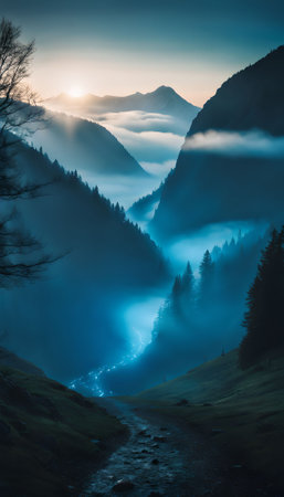 Foggy mountain landscape at sunrise in the Carpathian mountainsの素材