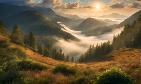 Foggy morning in the mountains. Dramatic scene. Carpathian, Ukraine, Europe. Beauty world.の素材