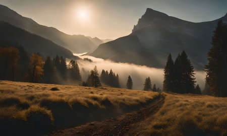 Mountain landscape with fog and sunlight, Dolomites, Italyの素材