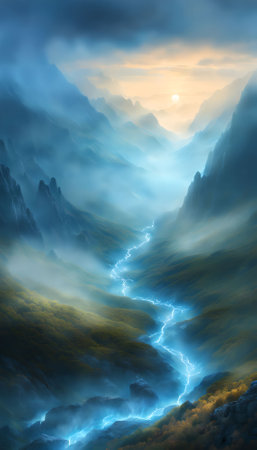 Fantasy cloudscape with lightning at sunset. 3D illustration.の素材