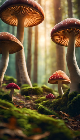 Fly agaric in the autumn forest. Beautiful landscape with mushrooms.の素材