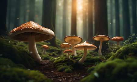 Mushrooms in the forest in the morning light. 3d renderingの素材