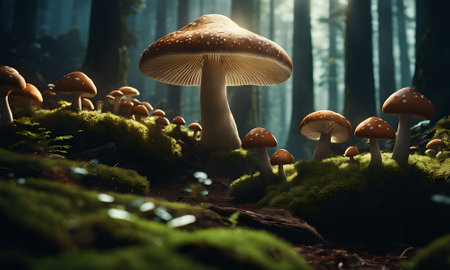 Mushrooms in the forest. Fairytale scene. 3d renderの素材